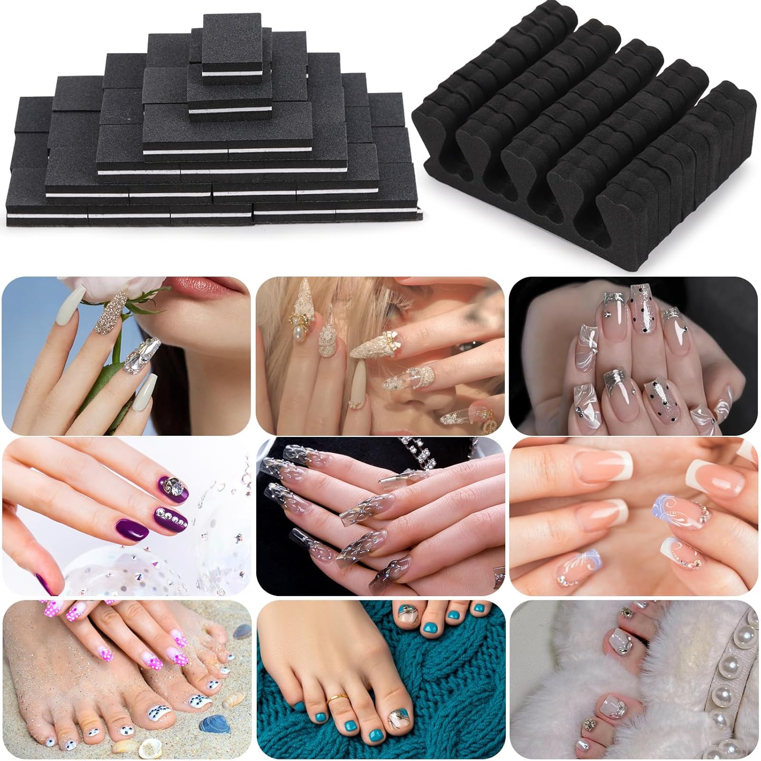 102pcs Toe Separators Set - Premium Pedicure Tool Super Soft Pedicure Toe Separator- Mini Nail Buffer Block File 80/100 Grit 2 Sided, Black-FemmiqueWomen
