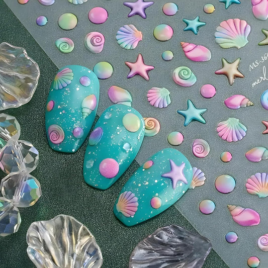 2 Sheets Starfish Nail Stickers - 5D Embossed Self-Adhesive Decals for Summer Nail Art - Colorful Beach Shell Design Supplies Decoration for Women and Girls-FemmiqueWomen