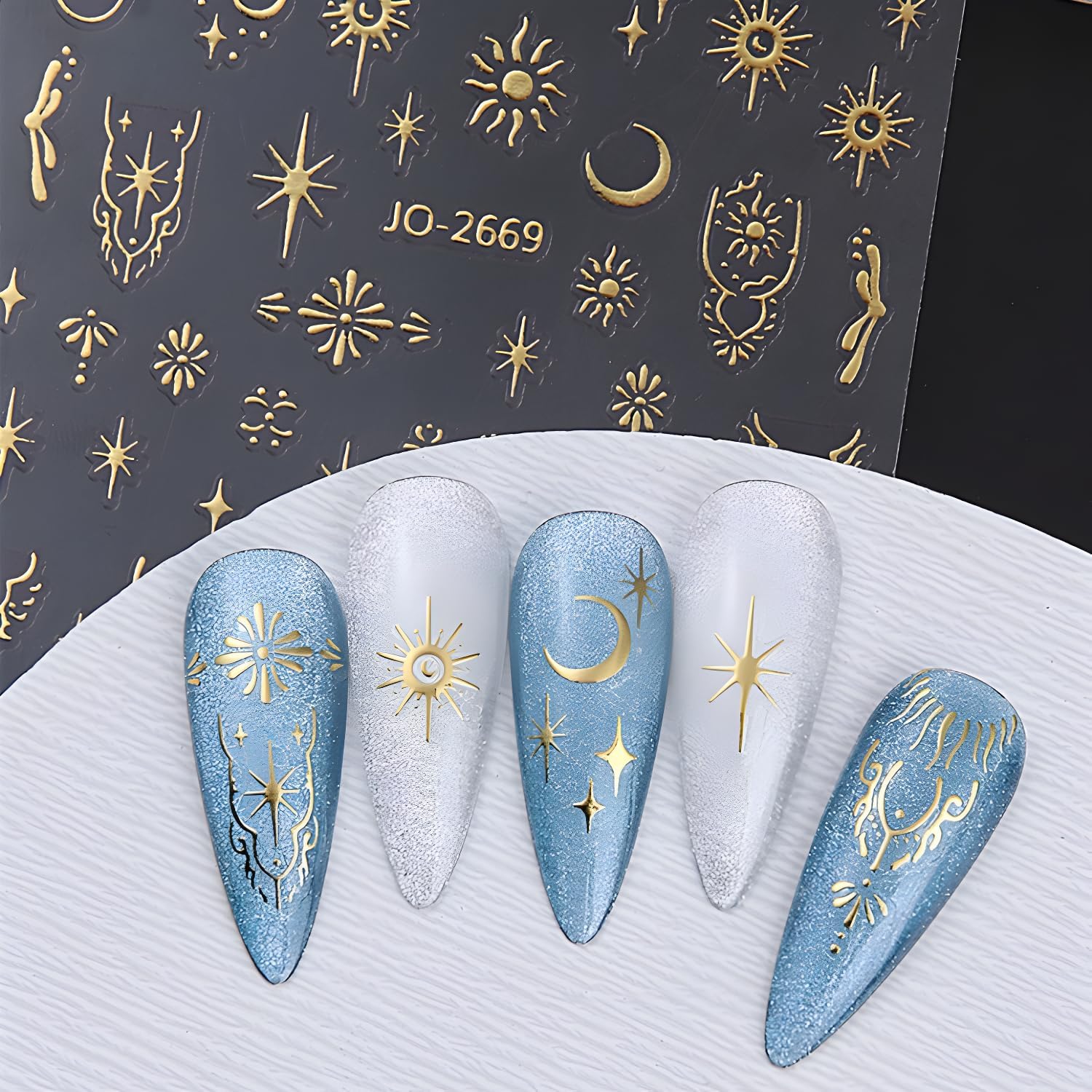 12 Sheets Silver Gold Moon Star Nail Art Stickers - 3D Self Adhesive Decals for Design and Decoration - Supplies Accessories for Women-FemmiqueWomen