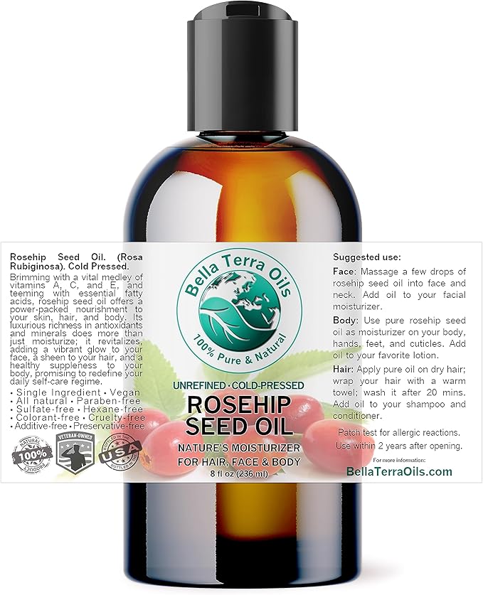 Bella Terra Oils - Organic Rosehip Facial Oil 8 oz - Dive into Organic Rosehip's Essential Fatty Acids & Antioxidants, Infused with Vitamin F, Elevate Daily Face Rituals-FemmiqueWomen
