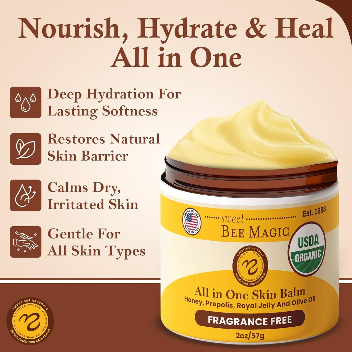 Sweet Bee Magic All In One Healing Organic Balm - Natural Skin Healing Cream, Beeswax Balm for Dry Skin, Face & Body Moisturizer - Certified Organic, All Natural Aid - 2 Jars (2oz Each,4oz Total)-FemmiqueWomen