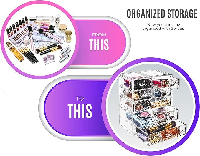 Sorbus Acrylic Makeup Organizer - Organization and Storage Case for Cosmetics Make Up & Jewelry - Big Clear Makeup Organizer for Vanity, Bathroom, College Dorm, Closet, Desk (3 Large, 4 Small Drawers)-FemmiqueWomen