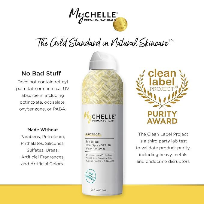 MyChelle Dermaceuticals Sun Shield Clear Spray SPF 30 (6 Fl Oz) - Liquid Zinc Sunscreen Spray with Bentonite Clay and Jojoba - Balances Oil Levels and Conditions Skin - Water Resistant for 80 Minutes-FemmiqueWomen