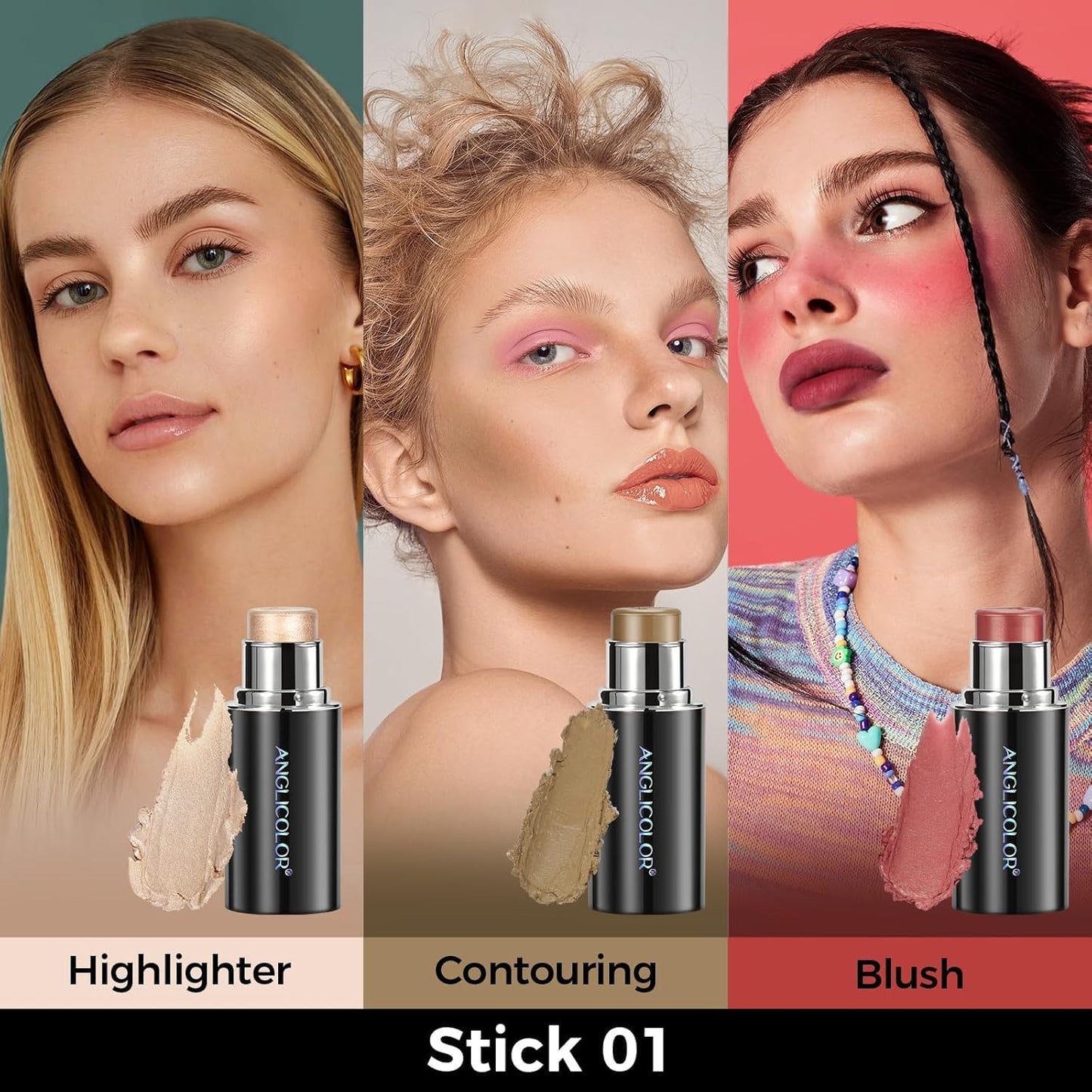 3PC Anglicolor Highlighter Long Lasting,Contour Stick Makeup Naturally,Blush Makeup Smoothing,High Color Rendering,Easy To Mix,Vegan & Cruelty-Fre-FemmiqueWomen