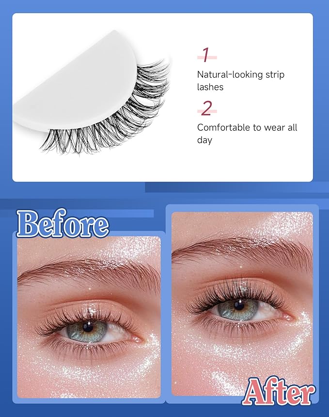 Lashes Short Natural Everyday Wispy Eyelashes Clear Band Flared Strip Eyelash Soft Lash Fluffy Pack 7 Pairs SF-09-FemmiqueWomen