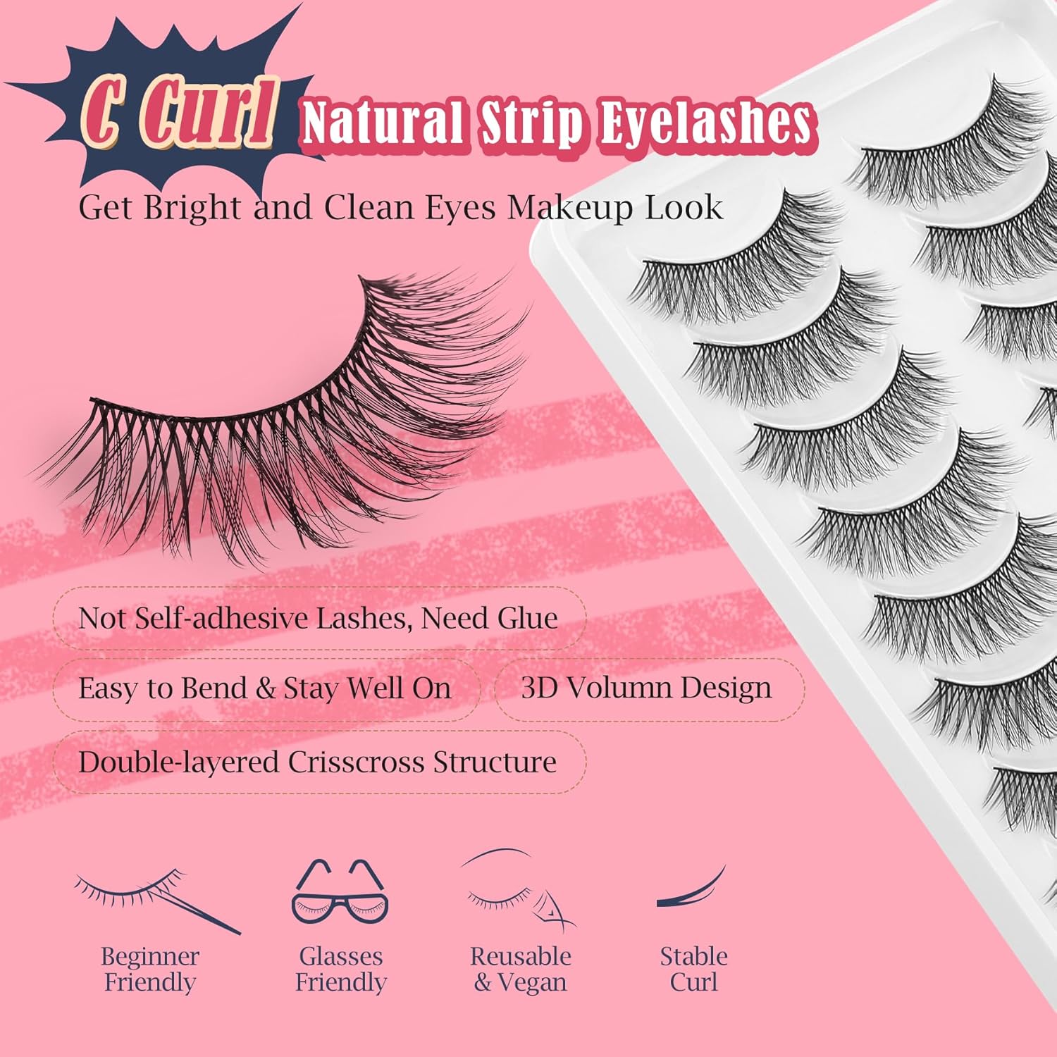 Natural Lashes Wispy False Eyelashes Short Lashes Soft Strip Lashes C Curl Eye Lashes Natural 10mm Short Eyelashes 10 Pair Eye Lashes Pack Siligli-FemmiqueWomen