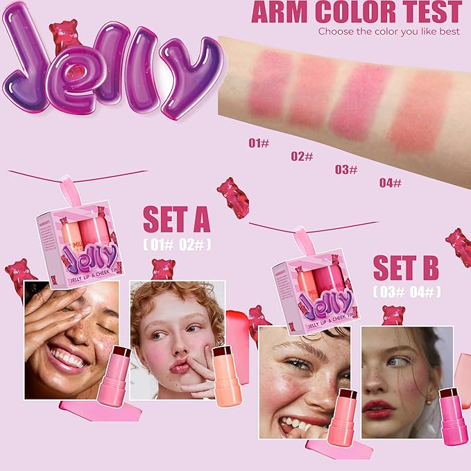 2 Pcs Milk Jelly Blush, Milk Cooling Water Jelly Tint, Vivid Color Water Jelly Tint Milk Blush, Sheer Eye Lip & Cheek Stick Stain, Long Wearing, Watercolor Finish Lip Gloss for Women, 01&02-FemmiqueWomen