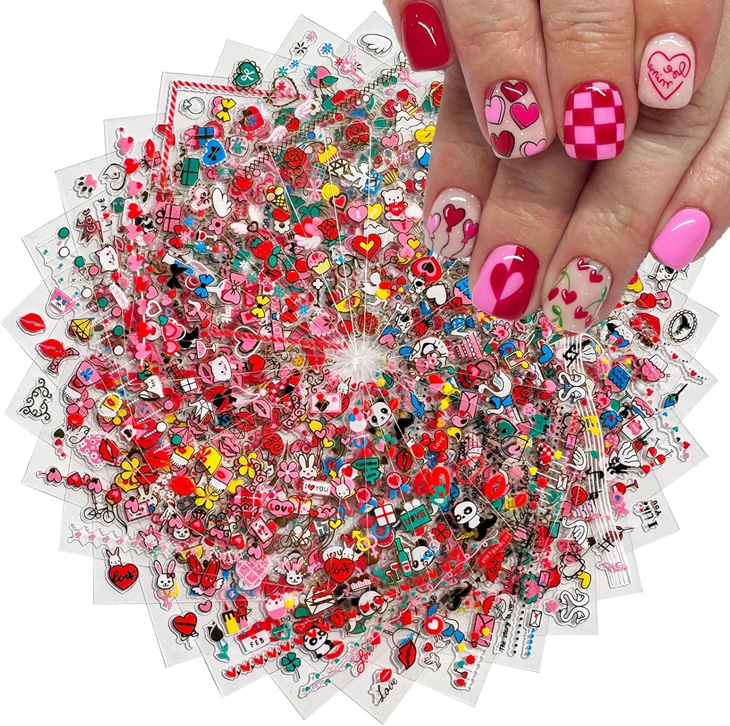 30 Sheets Heart Valentine Nail Art Stickers Decals 3D Self-Adhesive Pegatinas Uñas Red Heart Nail Decals Red Lips Rose Nail Supplies for DIY Acrylic Nail Art Decoration for Women and Girls-FemmiqueWomen