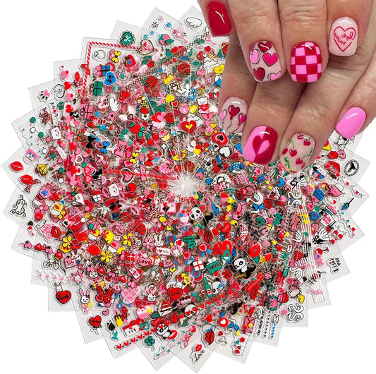 30 Sheets Heart Valentine Nail Art Stickers Decals 3D Self-Adhesive Pegatinas Uñas Red Heart Nail Decals Red Lips Rose Nail Supplies for DIY Acrylic Nail Art Decoration for Women and Girls-FemmiqueWomen