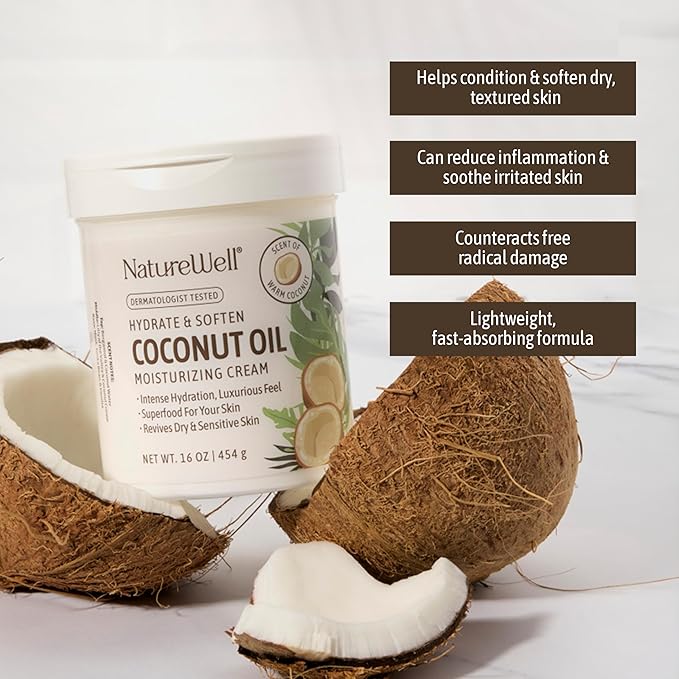 NATURE WELL Hydrate & Soften Coconut Oil Moisturizing Cream for Face, Body, & Hands, Non-Greasy, Intense Hydration & Luxurious Feel, Revives Dry & Sensitive Skin, Superfood for Your Skin, 16 Oz-FemmiqueWomen