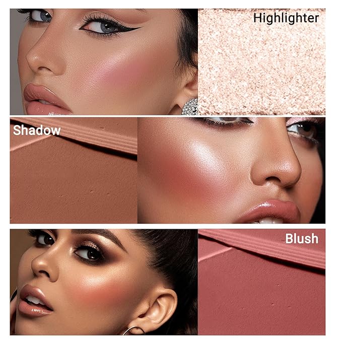 3Pcs Cream Contour Stick, with Highlighter Stick Bronzer Stick Blush Stick, Face Contour Stick Highlighter Makeup with Makeup Brush and Sponge for Sculpt the Cheeks, Long Lasting, Waterproof-FemmiqueWomen