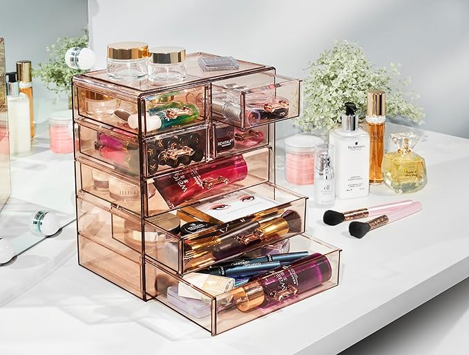 Sorbus Acrylic Clear Makeup Organizer - Big & Spacious Cosmetic Display Case - Stylish Designed Jewelry & Make Up Organizers and Storage for Vanity, Bathroom (4 Large, 2 Small Drawers) [Bronze Glow]-FemmiqueWomen