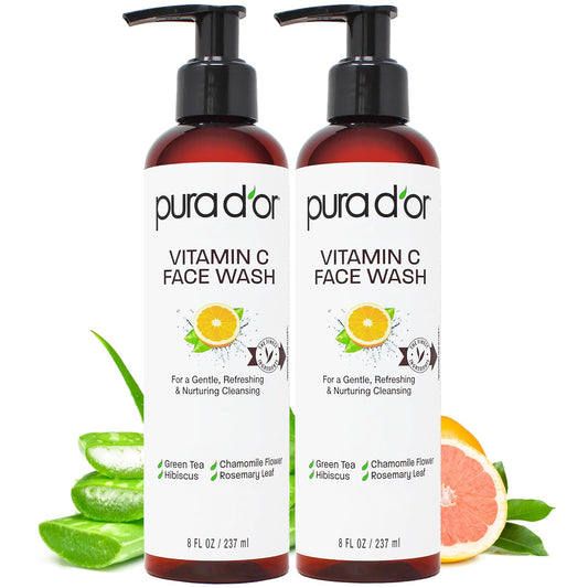 PURA D'OR Vitamin C Face Wash (8oz x2 = 16oz) Antioxidant Rich Facial Cleanser For Radiant Glow & Even Skin Tone - Gentle, Refreshing, Nurturing, Hydrating, Sulfate & Paraben Free Formula-FemmiqueWomen