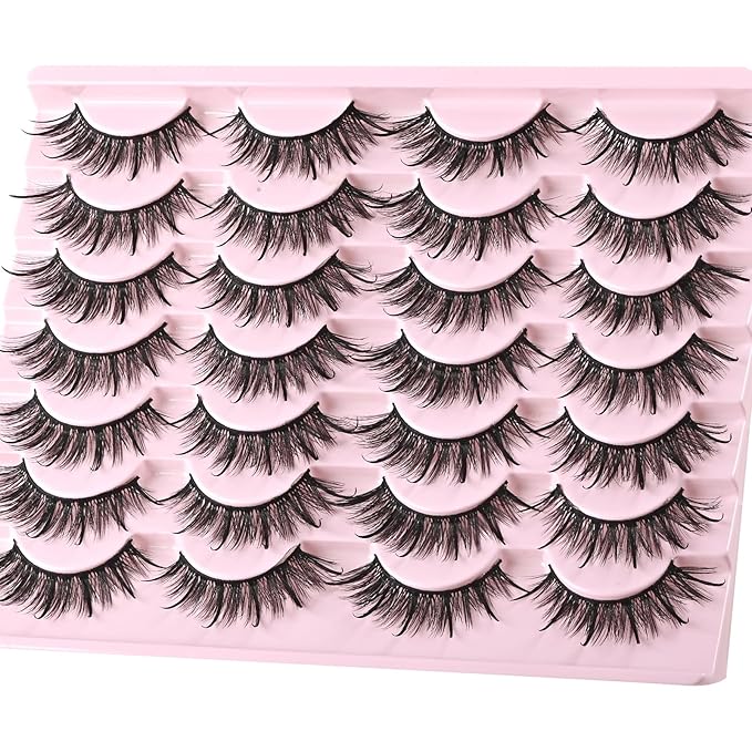 FARRED Wispy Lashes Hybrid Mink Eyelashes 14 Pairs Short Cat Eye Natural Fluffy False Eyelashes Faux Mink Strip Eye Lashes Pack for Daily Makeup (F17 | 8-16 mm)-FemmiqueWomen