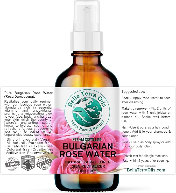 Bella Terra Oils - Organic Rose Water Mist 4 oz - Capture The Bulgarian Rose Essence, Perfect as a Gentle Rosewater Face Mist, Free from Synthetics-FemmiqueWomen