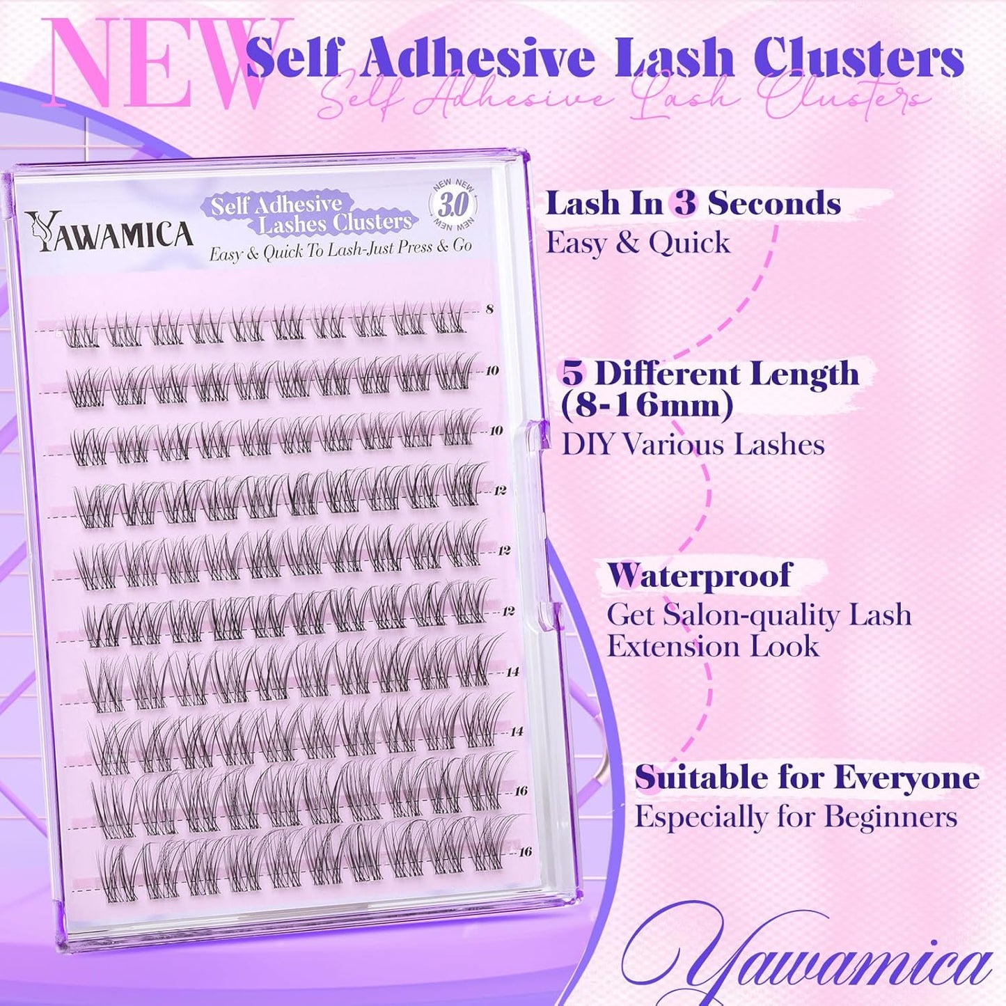 Yawamica Natural Self Adhesive Lash Clusters 10-16mm Reusable Press On Lashes No Glue Needed Eyelash Clusters Invisible Clear Band Pre Glued Cluster Lashes for Effortless Salon Eyelash Extension Look-FemmiqueWomen