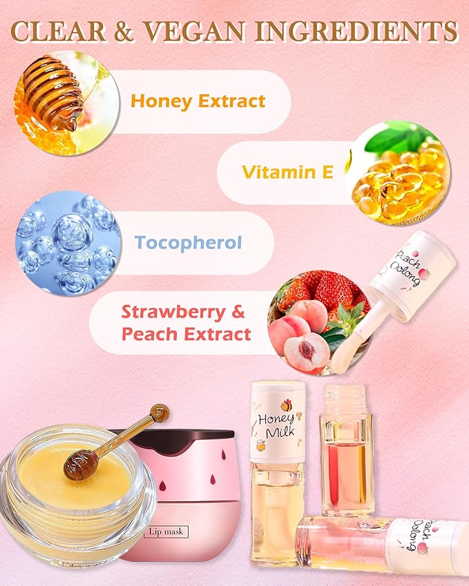 2PCS Strawberry Lip Balm Honey Pot Lip Mask & Hydrating Lip Glowy Oil Lip Care Set, Lip Moisturizing Treatment Nourishing Lip Gloss, Reduce Lip Line & Plump Dry Cracked Lip Scrub Exfoliator -Set B-FemmiqueWomen