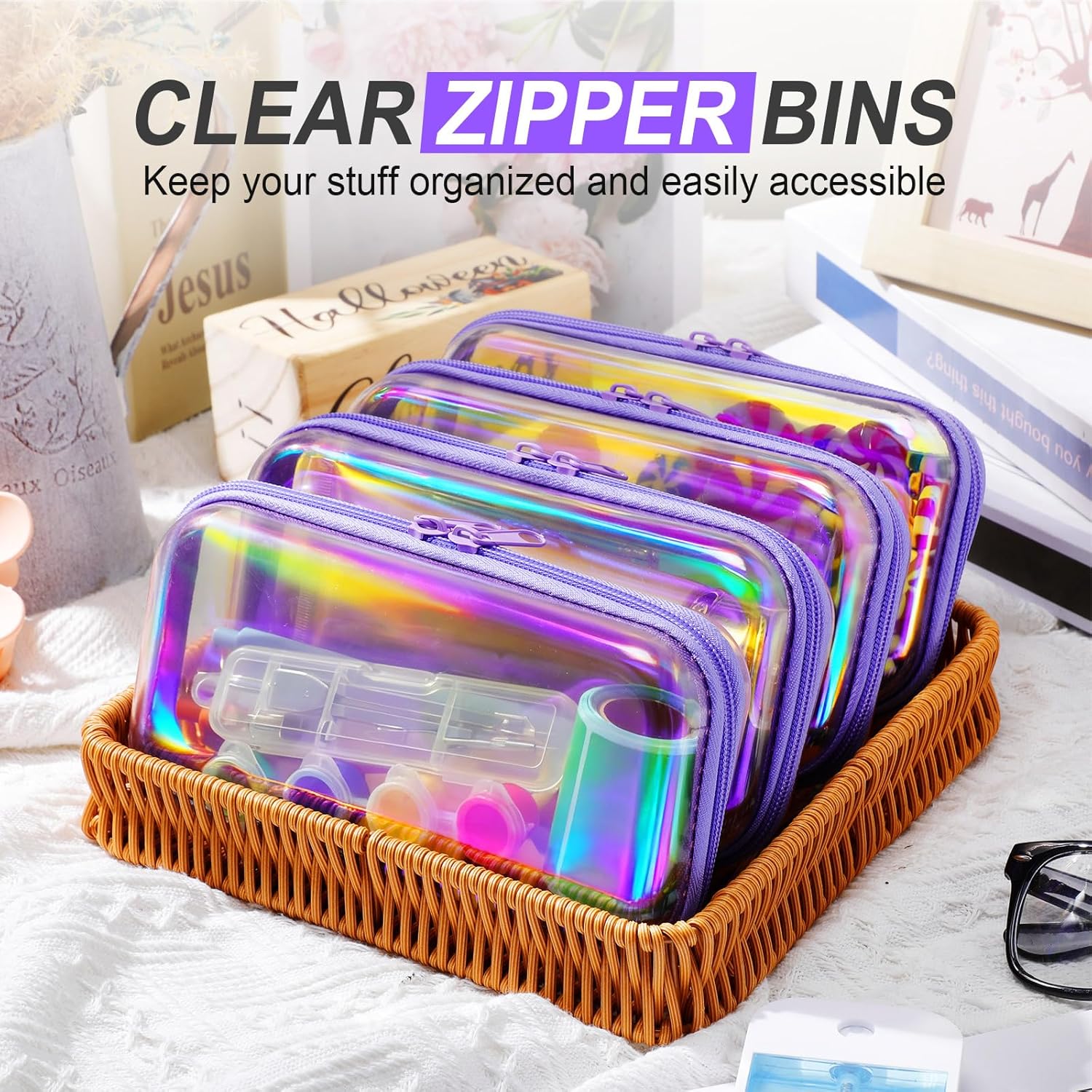 Hoolerry 4 Pcs Hard Clear Zipper Case Makeup Bags Plastic Pencil Pouch Transparent Storage Box Containers for Cosmetics, Snacks, Building Blocks, Puzzles(Purple Laser,7.5 x 3.9 x 2 in)-FemmiqueWomen