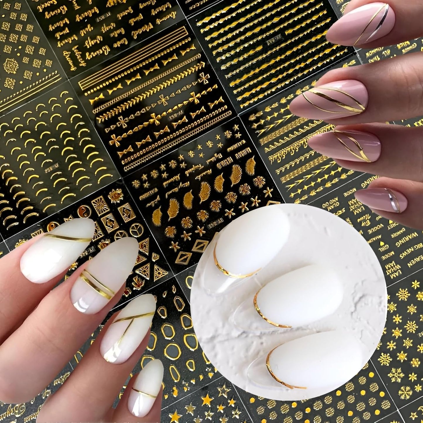 30 Sheets Gold Nail Art Stickers 3D Self-Adhesive Nail Decals Gold Line Star Nail Stickers for Acrylic Nails Gold Leaf Diamond Nail Supplies for Women-FemmiqueWomen