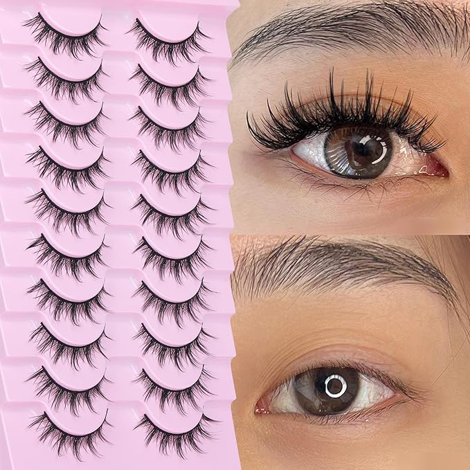 FANXITON Manga Lashes Wispy Natural Look Faux Eyelashes 10 Pairs Asian 3D False Eyelashes 14 mm Cat Eye Lashes Pack-FemmiqueWomen