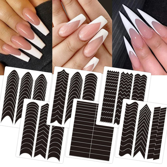 1422 Pcs French Tip Nail Guides, Self-Adhesive French Moon Shaped V-Shaped Manicure Strip Stickers for Edge Auxiliary Black DIY Decoration Stencil Tools(11 Designs, 36 Sheets)-FemmiqueWomen