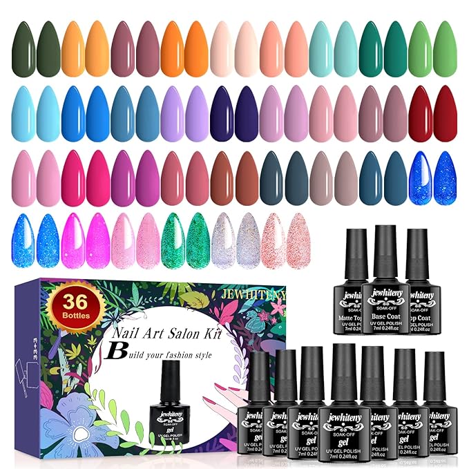 JEWHITENY Gel Nail Polish Kit, 36 Pcs 7ML Soak Off Gel Polish Set Pink Blue Green Yellow Gel Nail Kit Glitter Nail Art Starter Kit Beauty Gifts-FemmiqueWomen