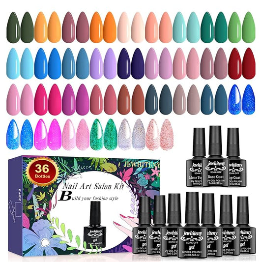 JEWHITENY Gel Nail Polish Kit, 36 Pcs 7ML Soak Off Gel Polish Set Pink Blue Green Yellow Gel Nail Kit Glitter Nail Art Starter Kit Beauty Gifts-FemmiqueWomen