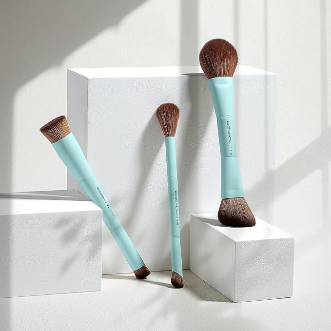 EIGSHOW Makeup Brush Set, 3Pcs Dual Ended Face Makeup Brushes for Foundation Powder Contour Highlight Concealer Nose Shadow, Travel Gift Set (Cyan)-FemmiqueWomen
