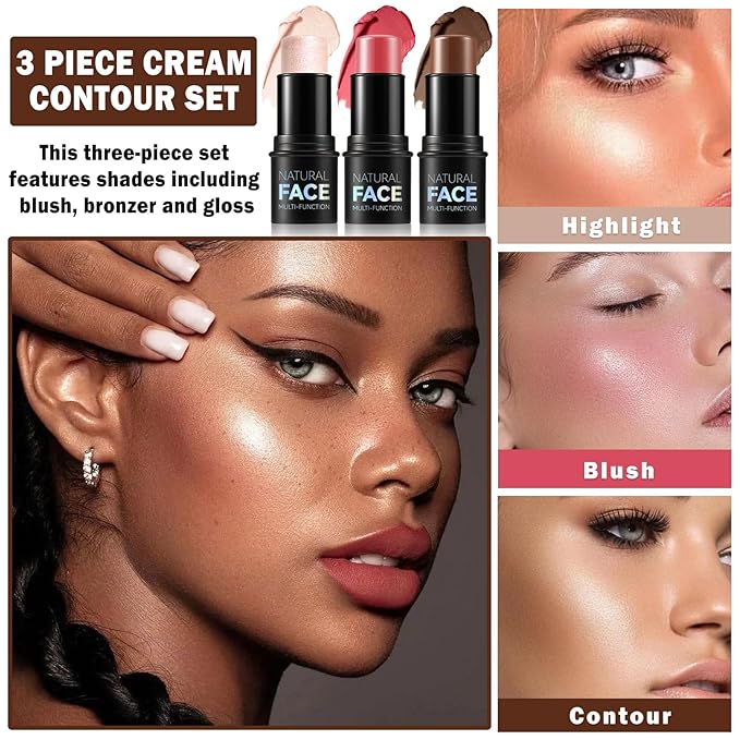3PCS Cream Contour Stick Makeup Kit Face Highlighter Bronzer Blush Stick Long Lasting Illuminator Highlighters Makeup Stick for All Skin Tones(02 Champagne Gold+05 Rugosa Rose+06 Espresso)-FemmiqueWomen
