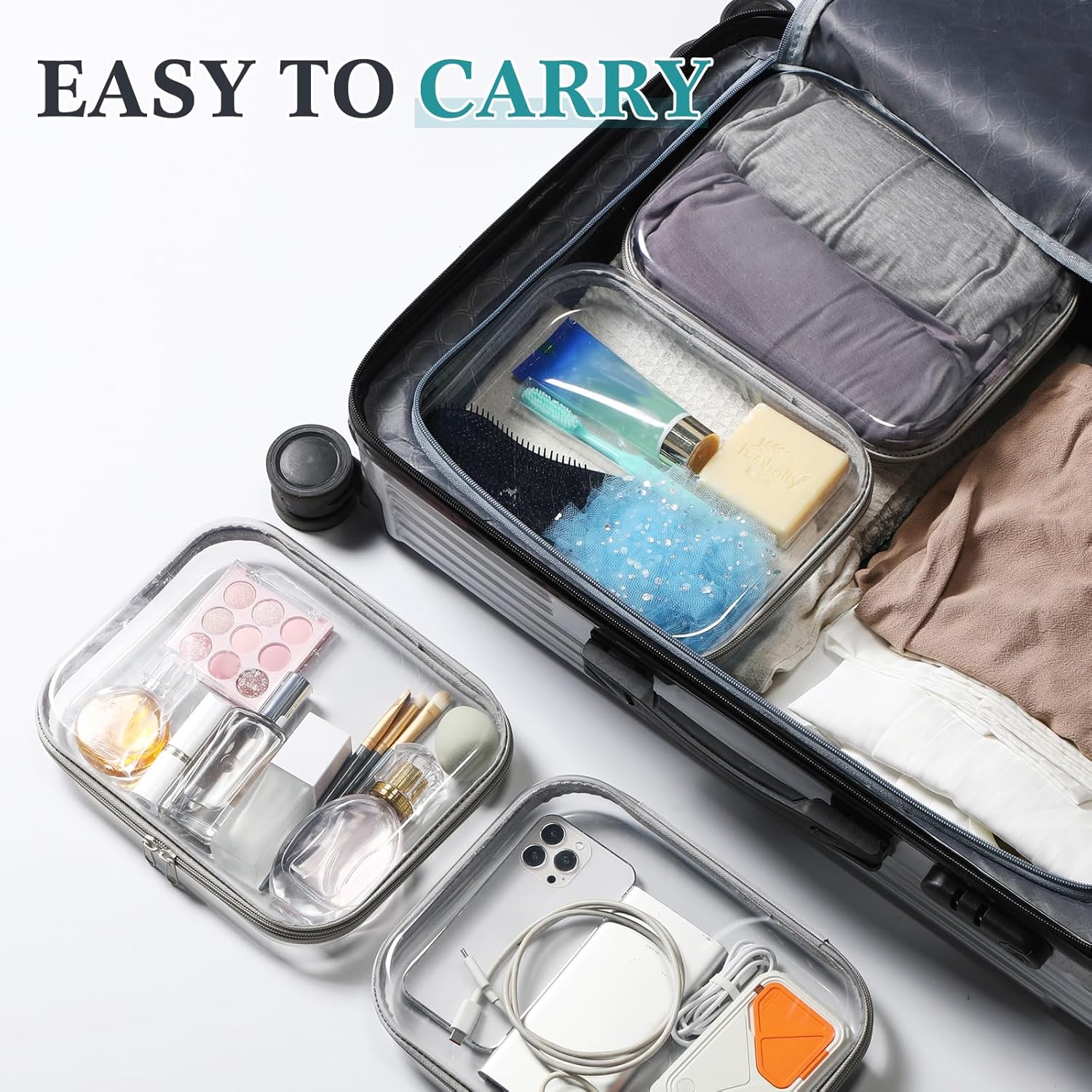 Sanwuta 6 Pcs Clear Hard Zipper Case Pencil Pouches Hard Plastic Zipper Pouches Makeup Bag Transparent Cases for Snacks Plastic Storage Organizer Box for Travel(Gray,9.84 x 7.87 x 2 Inch)-FemmiqueWomen