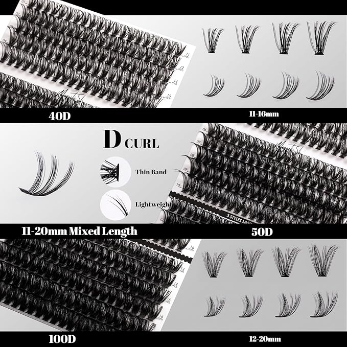 DIY Lash Extensions Kit 320pcs Individual Lashes Clusters 40D 50D 100D D Curl Eyelash Extension Kit with Applicator and Lash Bond&Seal, Lash Remover For False Eyelash Mix 11-20mm (40D+50D+100D KIT)-FemmiqueWomen