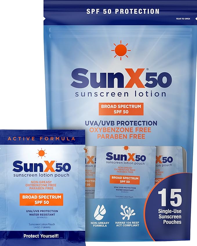 CoreTex Sun X 50 SPF Broad Spectrum Sunscreen Packets with Resealable Travel Bag - Pack of 15 Paraben, Oxybenzone, Octinoxate, & Oil Free Sunscreen - Water & Sweat Resistant Up to 80 Minutes-FemmiqueWomen