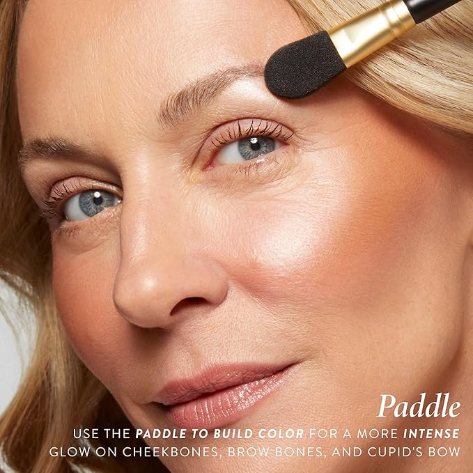 LAURA GELLER NEW YORK Dual-Ended Highlighter Brush - Multipurpose Makeup Brush for Highlighter, Blush, Bronzer and More - Includes Dual-Fiber Vegan Bristles and Satin Paddle for Flawless Application-FemmiqueWomen