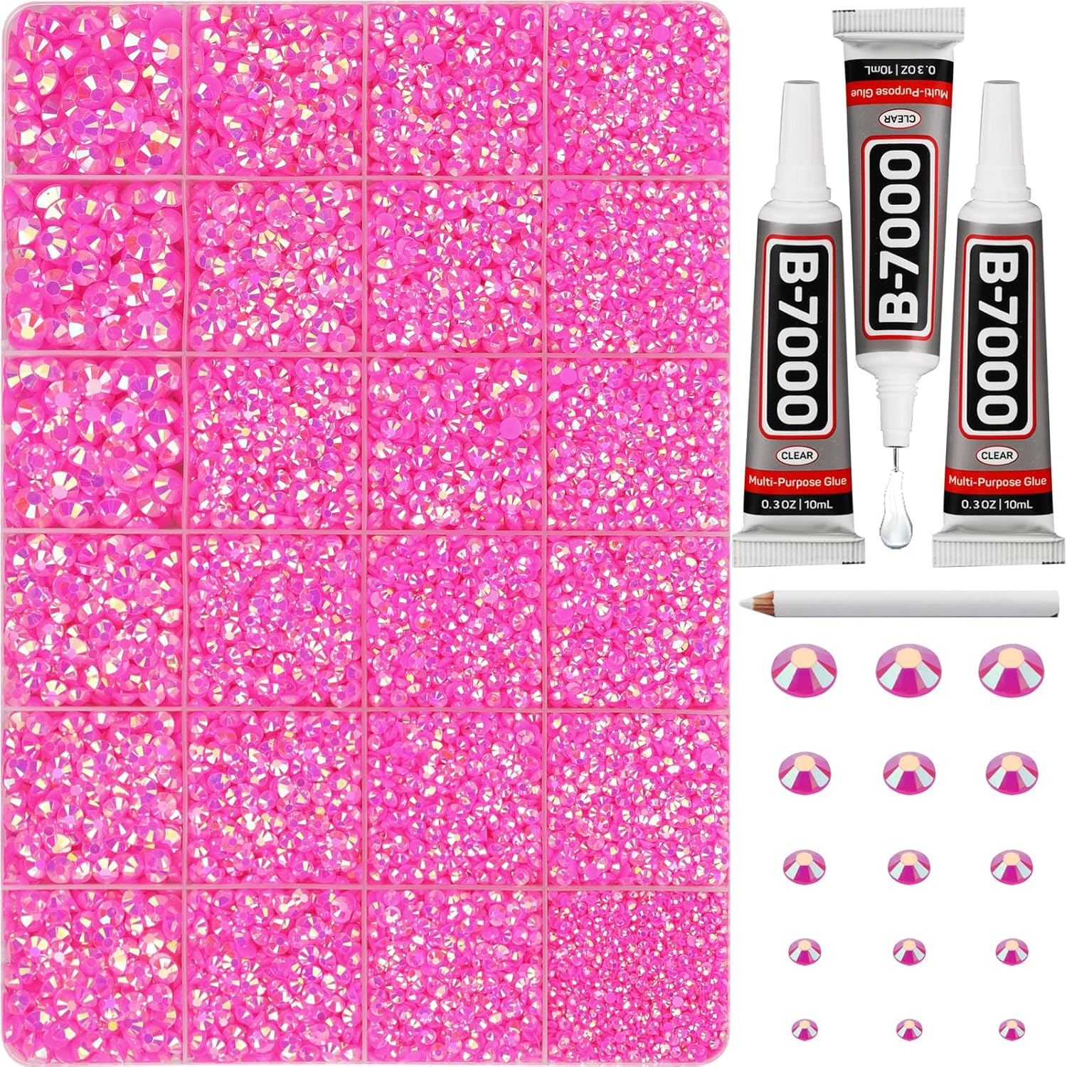 30000Pcs Resin Jelly Rhinestones Set for Crafting Bedazzling, Hot Pink AB Flatback Gems Jewels for Crafts Clothes Shoes Fabric Outfit Makeup, Flat Back Crystal 2-6mm with b 7000 Glue-FemmiqueWomen