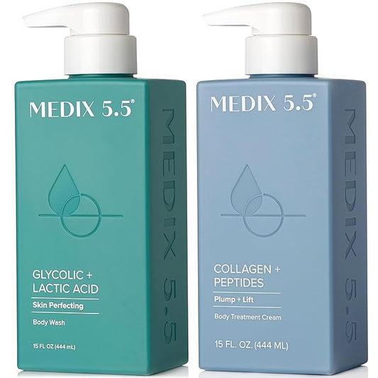 Medix 5.5 Exfoliating AHA Glycolic Acid Face & Body Scrub Cleanser + Collagen Moisturizing Body Cream Lotion Skin Care 2PC Set | Alpha Hydroxy Acid & Lactic Acid Foaming Body Wash & Face Wash, 2-PC-FemmiqueWomen