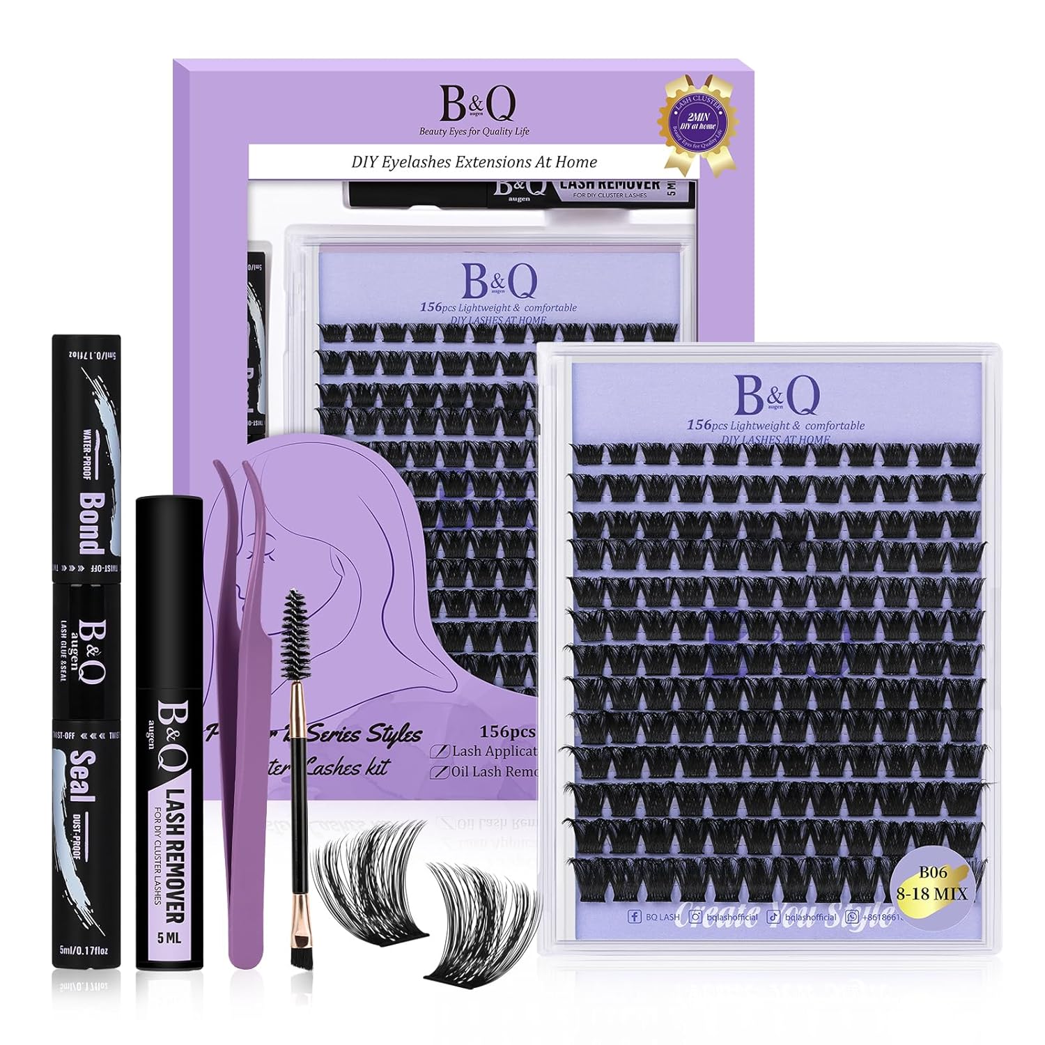 Lash Extension Kit B06 Eyelash Extension Kit B&Qaugen DIY Lash Extension Kit 156 PCS Lash Clusters 8-18mm Cluster Eyelash Extensions Kit with Lash Bond and Seal Lash Applicator Tool (Kit,B06)-FemmiqueWomen