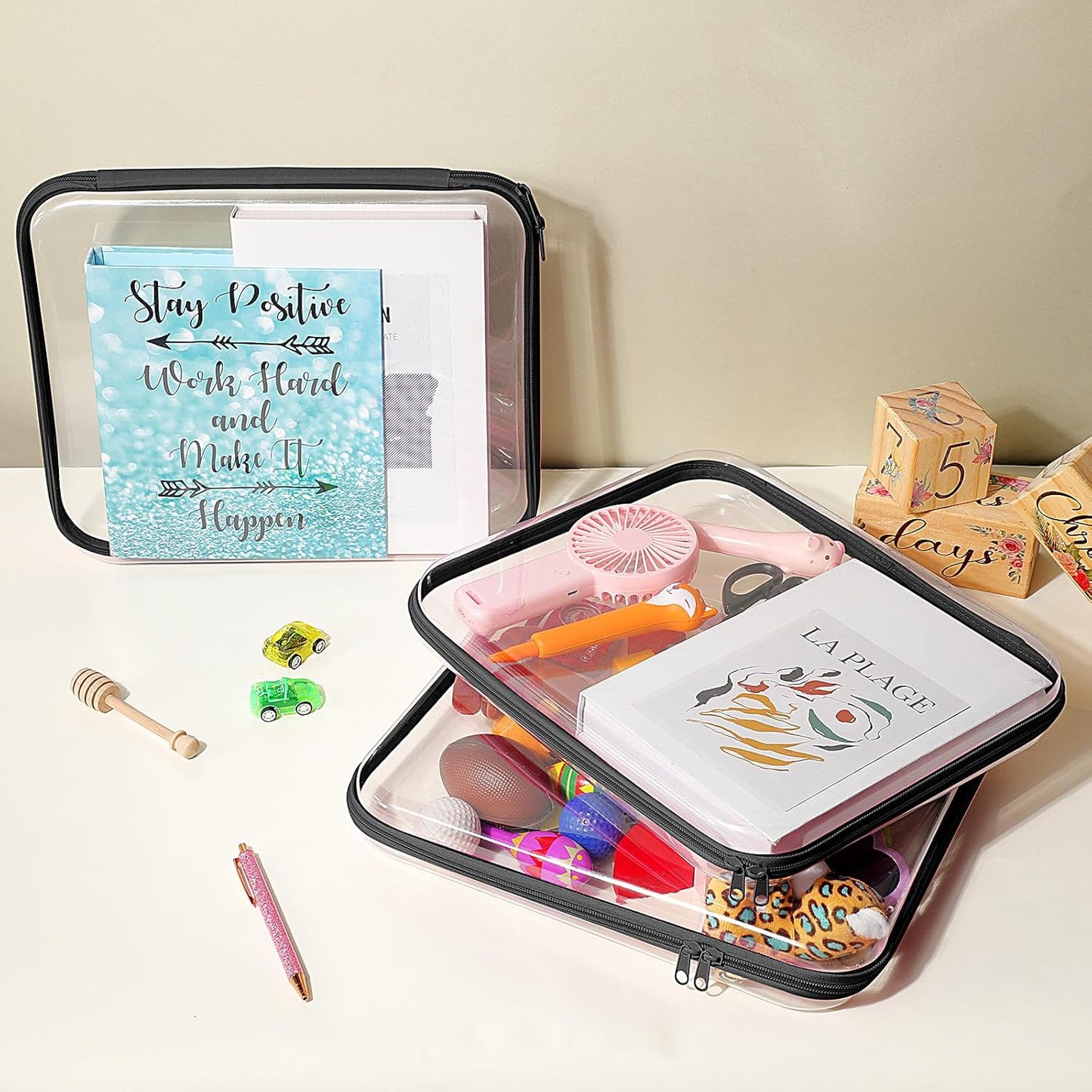 Hoolerry 3 Pcs Clear Hard Zipper Case Plastic Pouch Transparent Hard Case Clear Makeup Bag Portable Travel Organizer Bin for Cosmetics, Building Blocks, Puzzles(Black,L)-FemmiqueWomen