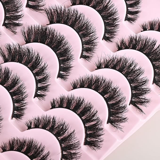 FARRED Wispy Mink Lashes Fluffy False Eyelashes 14 Pairs Fake Eyelashes Natural Look Short Natural Lashes Cat Eye Lash Wispy Volume Eyelash Faux Mink Strip Lashes Pack for Daily Makeup (F19 | 6-13 mm)-FemmiqueWomen