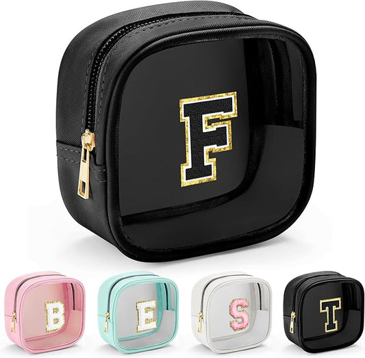 YOOLIFE Initial Makeup Bag Travel Toiletry Bag, Clear Makeup Bag Car Accessories For Women Clear Makeup Bags With Zipper Girlfriend Teacher 13 Year Old Girl Gifts Daughter Girl Gifts Mini Black F-FemmiqueWomen