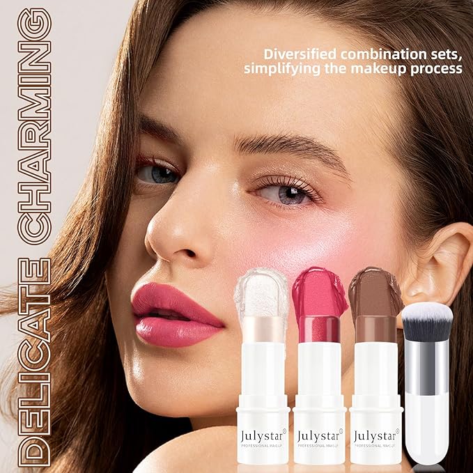 3Pcs Cream Contour Stick Makeup Set, Cream Bronzer Blush Highlighter Stick for Cheeks Eyes Lips, Long Lasting Waterproof Blendable Dewy Finish Face Stick Trio Wand for All Skin (1+3+6)-FemmiqueWomen