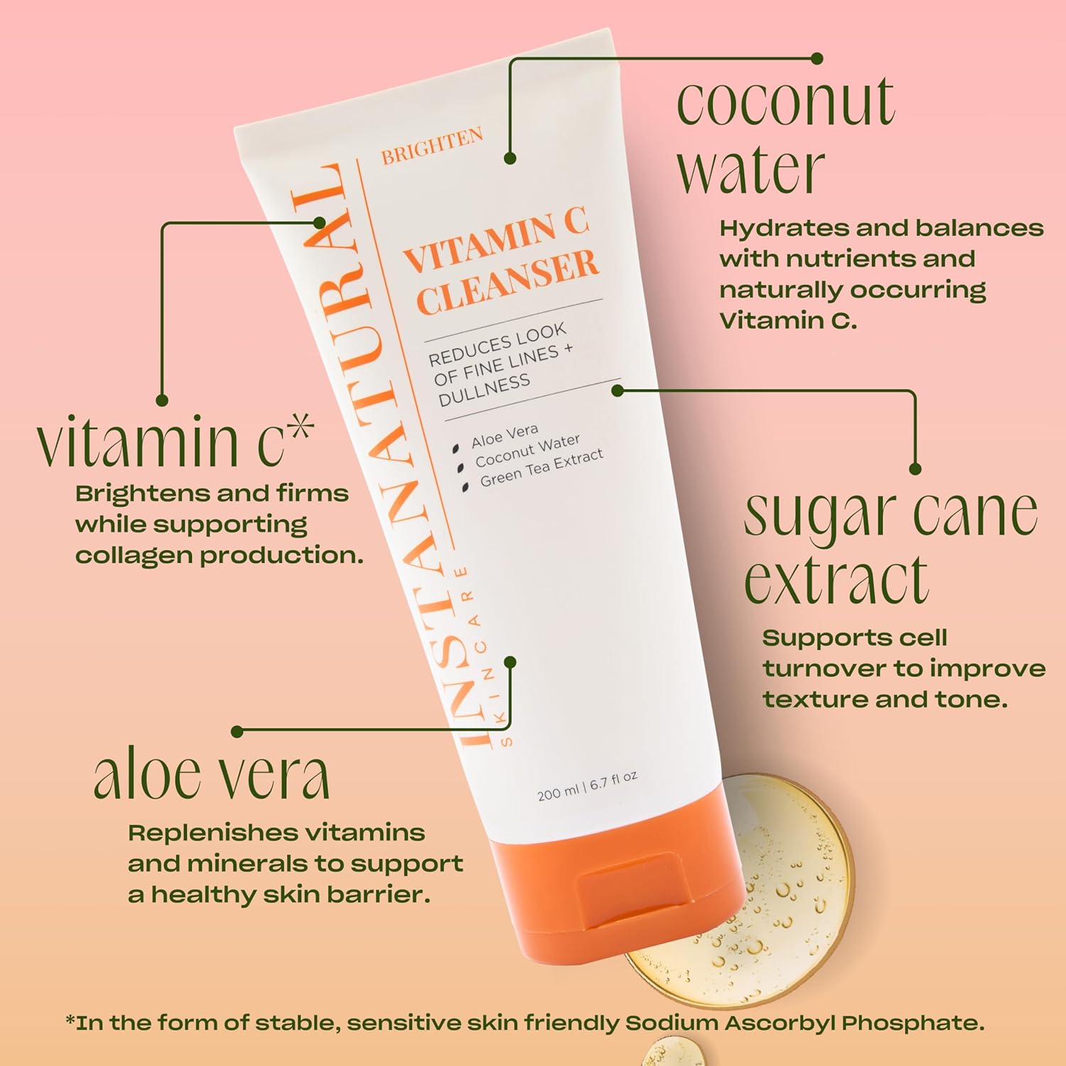 InstaNatural Vitamin C Cleanser | All Natural Face Wash, Brightens Skin, Good for Uneven Texture, USA Made with Coconut Water and Aloe Vera, 6.7 FL Oz-FemmiqueWomen
