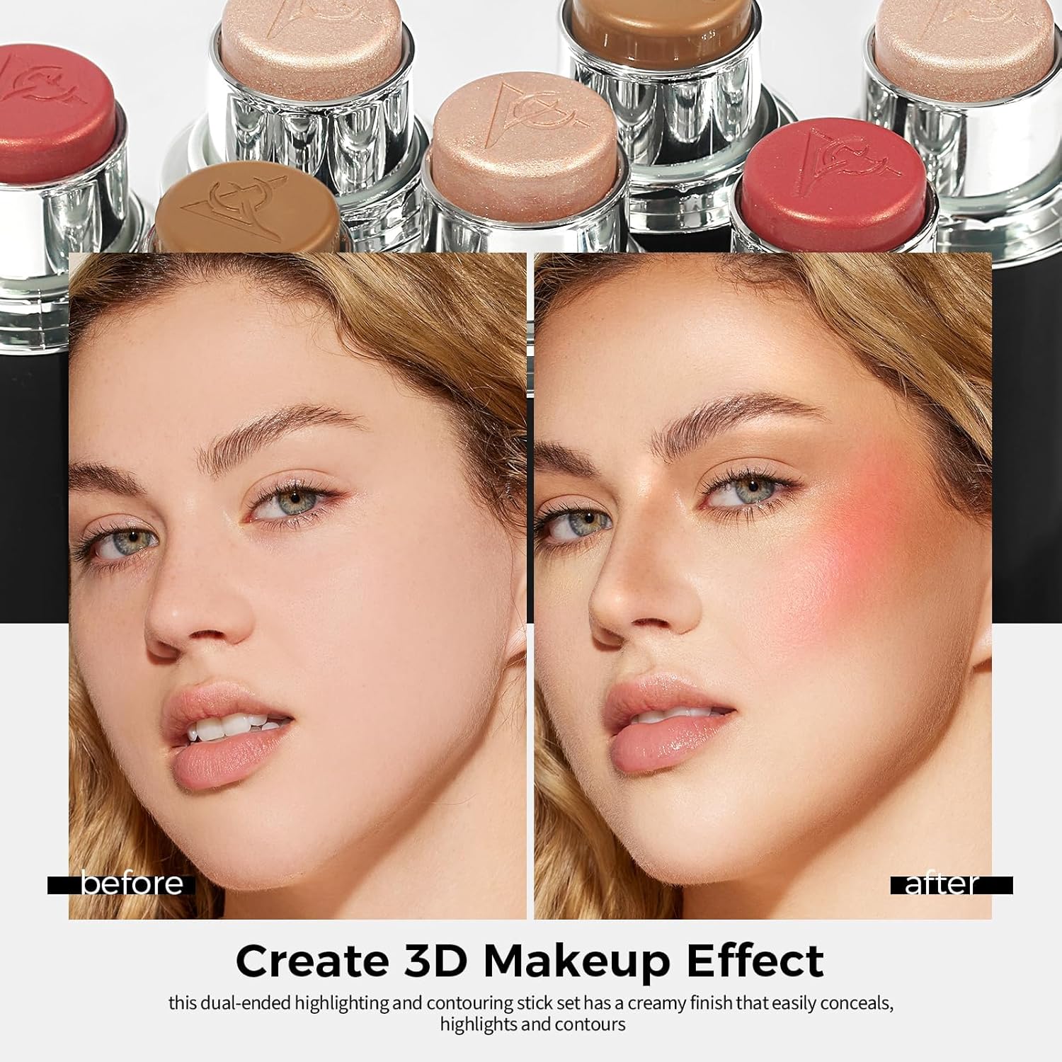 3PC Anglicolor Highlighter Long Lasting,Contour Stick Makeup Naturally,Blush Makeup Smoothing,High Color Rendering,Easy To Mix,Vegan & Cruelty-Fre-FemmiqueWomen