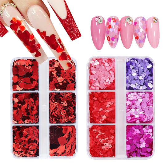 12 Grids Valentine’s Day Nail Art Glitter Sequins 3D Laser Red Pink Heart Glitters Nail Decals，Holographic Love Heart Nail Art Supplies for Women Manicure Charms Decorations Body Makeup Sets-FemmiqueWomen