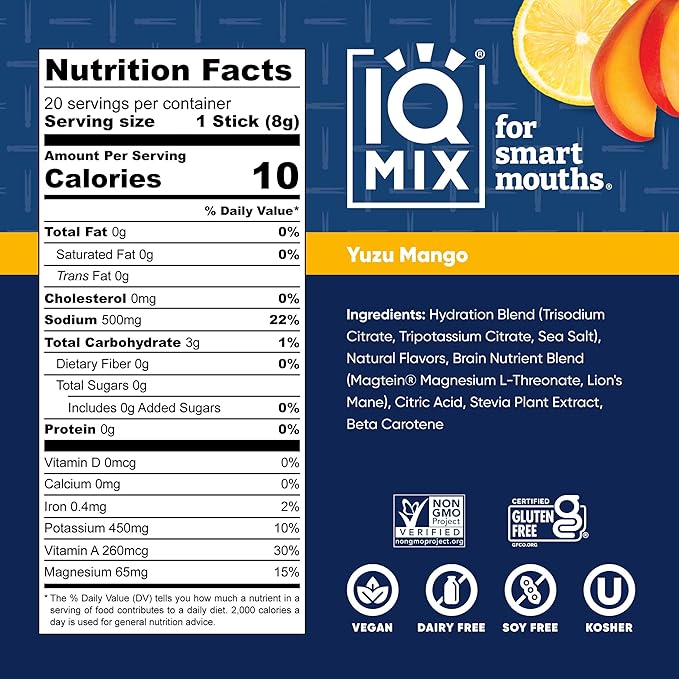 IQMIX x Chef Thomas Keller - Hydration Electrolyte Powder – 4-in-1 Formula for Hydration, Mental Clarity, Mood and Recovery – Sugar-Free, Keto, Magnesium L-Threonate, Lion’s Mane – 20 Count Yuzu Mango-FemmiqueWomen