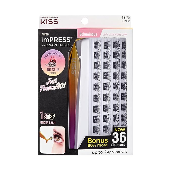 KISS imPRESS Falsies Self Adhesive Eyelashes, Press On Lashes, 12mm-14mm Glam Volume Lashes, Black, No Glue Needed, Invisible Band, 36 Lash Clusters & Non-Stick Applicator - Voluminous-FemmiqueWomen