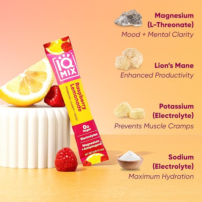 IQMIX Hydration Electrolyte Powder – 4-in-1 Formula for Hydration, Mental Clarity, Mood and Recovery – Sugar-Free Drink Mix, Keto, Magnesium L-Threonate, Lion’s Mane – 20 Count New Raspberry Lemonade-FemmiqueWomen