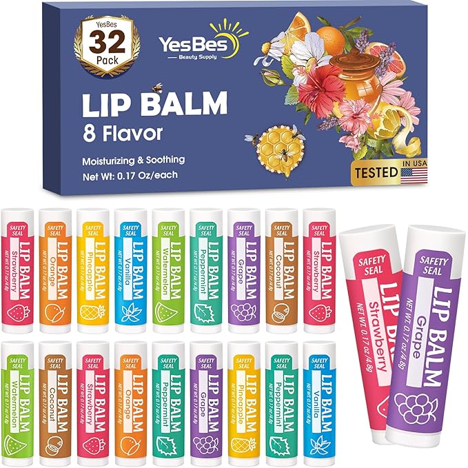 32 Pack Lip Balm, Natural Lip Balm Bulk with Vitamin E and Coconut Oil, Moisturizing Lip Balm for Dry Cracked Lips, Lip Balm for Stocking Stuffers - 8 Flavors-FemmiqueWomen
