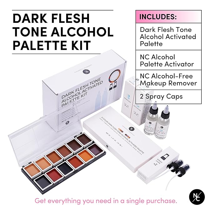 12 Color Dark Flesh Tone Alcohol Activated Makeup Palette Kit - Includes Alcohol Activator and Moisturizing Remover - Waterproof Makeup for Professional Makeup Artists-FemmiqueWomen