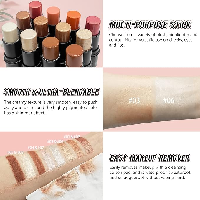 2 Pcs Cream Contour Stick Makeup Kit, Cream Highlighter Stick & Contour Bronzer Stick for Cheeks, Lightweight Blendable Smooth -Highlighter (#03 Champagne Gold #06 Silver)-FemmiqueWomen