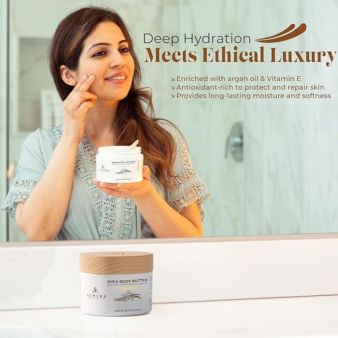 AZMERA Handcrafted Whipped Shea Body Butter – Luxurious Vanilla Bean Scented Moisturizer for Dry, Sensitive Skin, Argan Oil & Vitamin E – Vegan, Non-Greasy Skincare – 8.82 oz-FemmiqueWomen